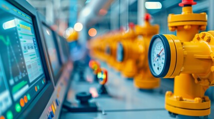 Fototapeta premium Interior of a modern factory, natural gas processing, automated robots, safety protocols, engineers monitoring digital screens