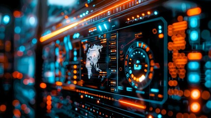 Fototapeta premium High-tech digital interface with glowing neon lights displaying futuristic data and analytics in a vibrant, cybernetic environment.