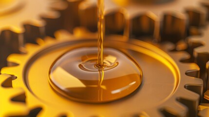 Lubricant flowing smoothly over mechanical gears, high detail, photorealistic, metallic sheen, macro photography, focus cover all object, deep dept of field
