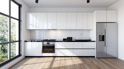 Fototapeta premium Modern minimalist kitchen with sleek white cabinets