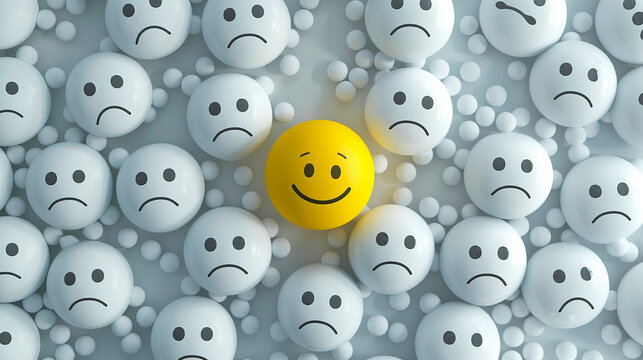 A yellow smiley emoji stands out among white sad emojis, symbolizing individuality. The yellow emoji is happy and cheerful, while the surrounding white emojis look sad and frowning