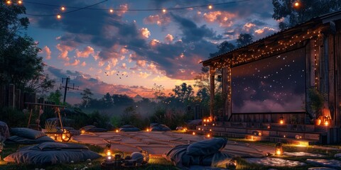 Cozy outdoor movie night setup for National Relaxation Day, August 15th, cozy blankets, large screen, starlit sky