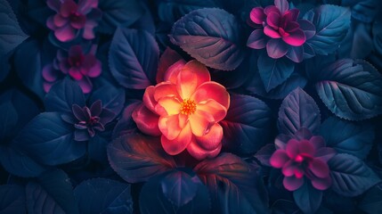 Obraz premium Glowing orange flower in a dark botanical garden.