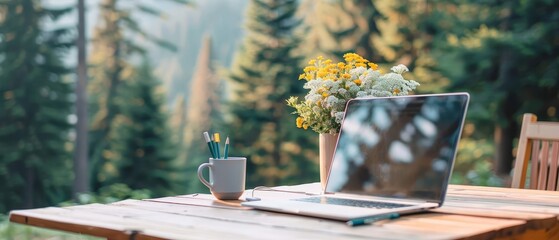 Professional managing tasks from a mountain cabin, laptop on wooden desk, scenic view, flexible work arrangement, peaceful and productive setting