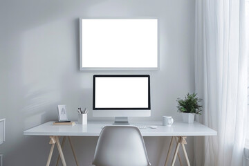 cozy home office interior designs in light white color with computer mockup and painting on the wall