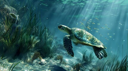 Fototapeta premium Graceful Sea Turtles Gliding Through Vibrant Underwater Seascape with Schools of Fish