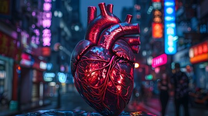 Levitating Anatomical Heart Sculpture Amidst Neon Lit Cityscape with Intricate Organic Structures and Metallic Finish