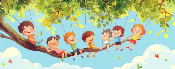 A group of children are playing on a tree branch. Illustration.