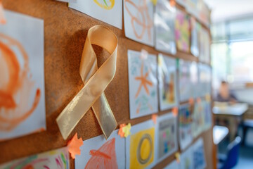 Golden awareness ribbon pinned to a bulletin board filled with children's drawings in a classroom. Concept for childhood cancer awareness and educational support
