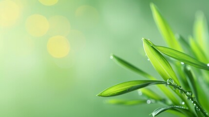 Obraz premium Close-up of fresh green leaves with water droplets on a vibrant, blurred green background. Perfect for themes of nature, freshness, and growth.