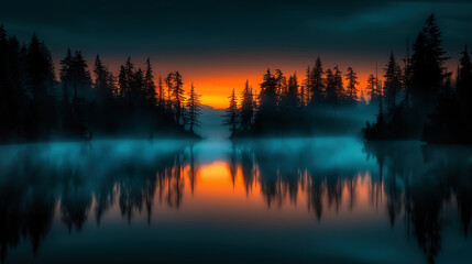 Obraz premium Lake Surrounded By Trees At Dusk Sky Is Blue And Orange With Fog, Water Reflects The Sunset In The Distance