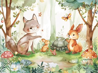 Naklejka premium 4. Whimsical woodland setting featuring happy forest animals like a playful wolf, a cute rabbit, a wise old tortoise, and a fluttering butterfly, all depicted in a delightful hand-drawn watercolor