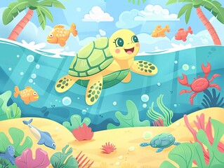 1. Set of cute turtles swimming in a vibrant sea near a sunny beach, surrounded by colorful coral, playful fish, and friendly crabs, with a backdrop of coconut trees and soft sand, all illustrated in