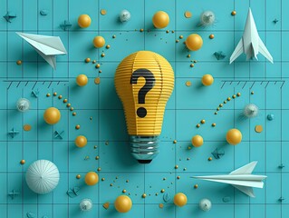 Creative conceptual image with lightbulb, question mark, and paper planes on teal background.