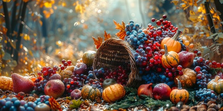 Harvest cornucopia display for National Cornucopia Day, November 20th, autumn abundance, festive setup, seasonal produce - Powered by Adobe