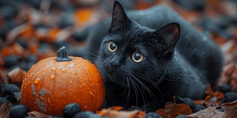 National Black Cat Day black cat with a pumpkin, October 27th