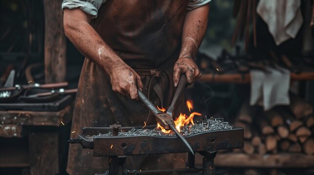 A skilled blacksmith forges traditional weapons with precision, honoring ancestral craftsmanship.