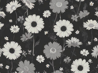 Delicate Daisies on Dark Background Monochrome Daisy Floral Pattern White Daisy Pattern