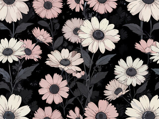 Delicate Daisies on Dark Background Monochrome Daisy Floral Pattern White Daisy Pattern