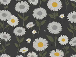 Delicate Daisies on Dark Background Monochrome Daisy Floral Pattern White Daisy Pattern