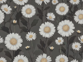 Delicate Daisies on Dark Background Monochrome Daisy Floral Pattern White Daisy Pattern