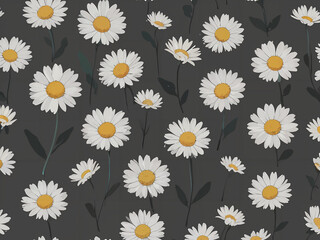 Delicate Daisies on Dark Background Monochrome Daisy Floral Pattern White Daisy Pattern