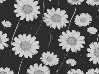 Delicate Daisies on Dark Background Monochrome Daisy Floral Pattern White Daisy Pattern