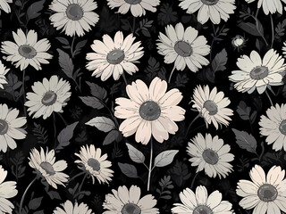 Delicate Daisies on Dark Background Monochrome Daisy Floral Pattern White Daisy Pattern