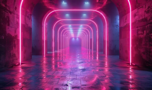 Against an abstract backdrop of virtual space, 80s-style retro disco fashion bursts forth with laser shows, ultraviolet light, and geometric shapes in neon pink and blue lines.
