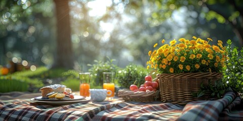 Picnic blanket and basket for National Picnic Day, August 17th, delicious spread, sunny day, outdoor setup