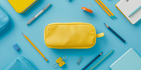A yellow pencil case with a pen and a pair of scissors is on a blue background. The pencil case is surrounded by other school supplies such as pens, pencils, and a ruler