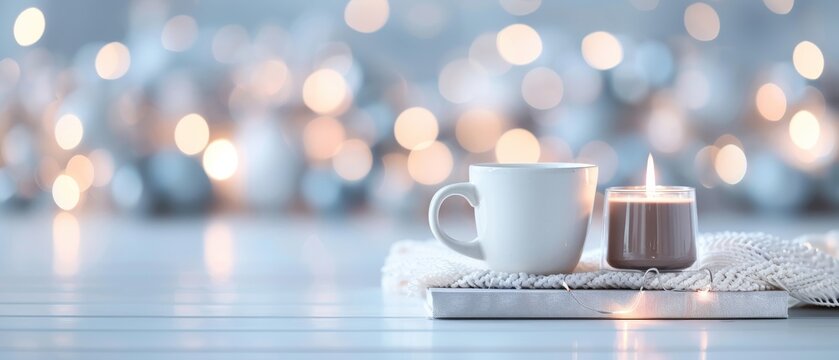 Cozy winter scene with a white mug and lit candle on a knit blanket against a backdrop of warm bokeh lights. Perfect for a relaxing atmosphere.