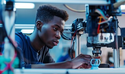 young black male student with industrial 3D printer, printing mechanical part, high resolution photography, winner of stock photo contest, industrial designer