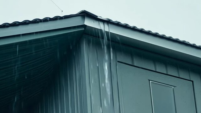 Water leaks from the gutter of a house during a rainstorm