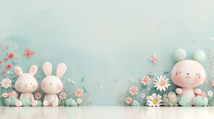 Cute pastel bunny and bear toys with floral background, perfect for nursery decor or children's illustrations.