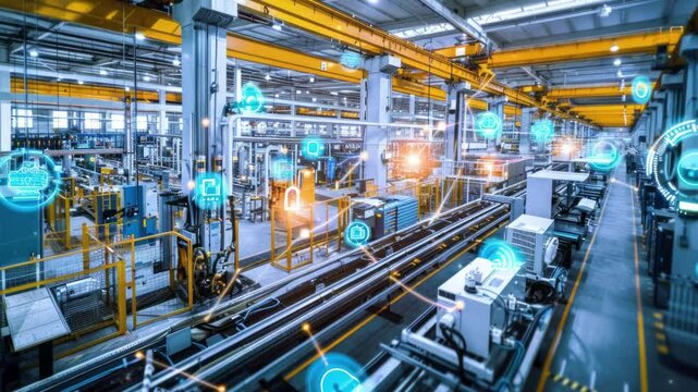 The Internet of Things IoT in manufacturing. Integration of connected devices to optimize production, maintenance, inventory, and other factory operations in the new era of Industry 4.0 