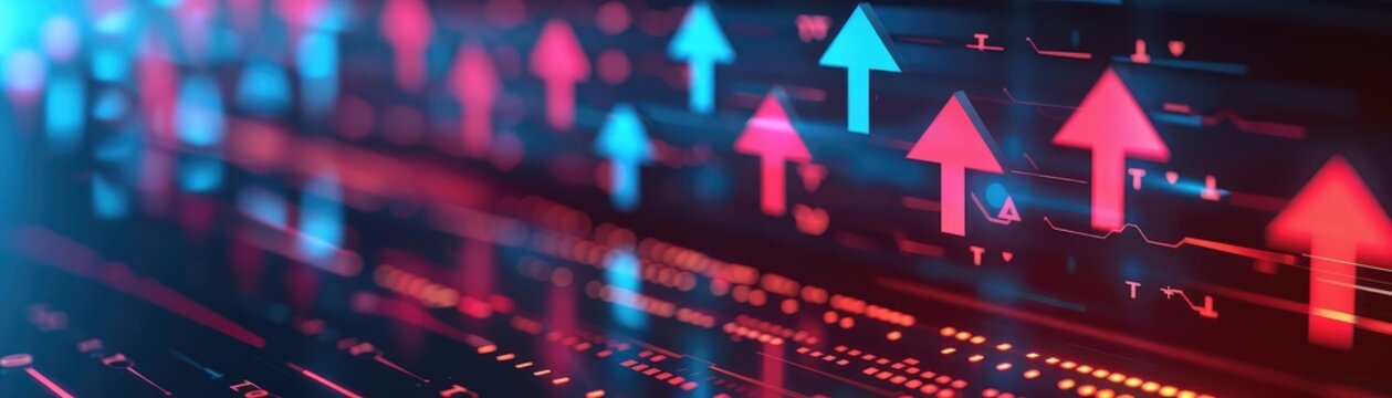 Abstract representation of economic trends with dynamic arrows and digital data points, SEO economic trends, market analysis, financial data, economic indicators