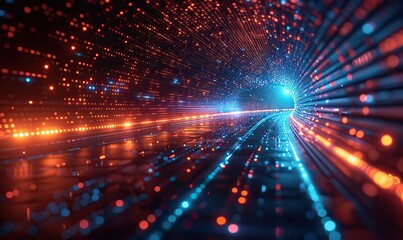 Obraz premium A futuristic, abstract background features neon lights in dark blue and red, with lines representing technology and network connections, evoking a digital tunnel of big data and server speed.