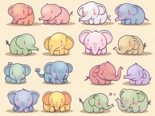 Fototapeta premium 2. Adorable collection of pastel-colored elephant characters with round bodies, showcasing a variety of feelings and poses, from happy and playful to sleepy and curious, drawn in a kawaii vector