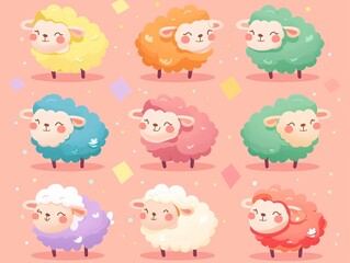 5. Delightful array of round, pastel-colored sheep in various poses and emotions, from cheerful and energetic to calm and sleepy, all rendered in a kawaii vector style on a simple background, perfect