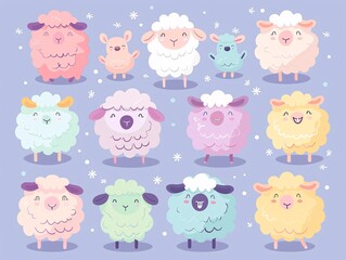 5. Delightful array of round, pastel-colored sheep in various poses and emotions, from cheerful and energetic to calm and sleepy, all rendered in a kawaii vector style on a simple background, perfect
