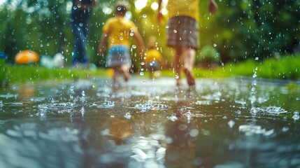 Fototapeta premium Children running and splashing in a puddle on a rainy day