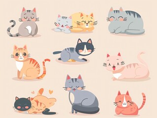 5. Delightful array of round, pastel-colored cats in various poses and emotions, from cheerful and energetic to calm and sleepy, all rendered in a kawaii vector style on a simple background, perfect