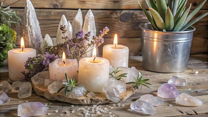 Obraz premium Crystal healing energy being channeled through candles and plants, crystal, healing, energy, candle, plants