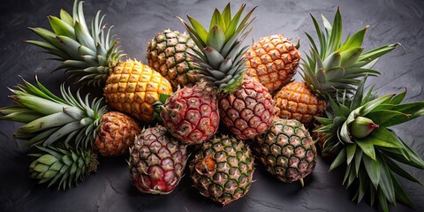 Fototapeta premium Several whole and halved pineapples arranged together , tropical fruit, exotic, organic, farm fresh, juicy, sliced, vibrant