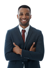 Business, man and confident on studio backdrop with portrait for professional career in corporate law, legal practice and justice. Lawyer, arms crossed and pride for attorney with white background.
