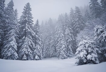 A wintery scene with pine trees heavily laden with fresh snow, creating a serene and peaceful atmosphere.