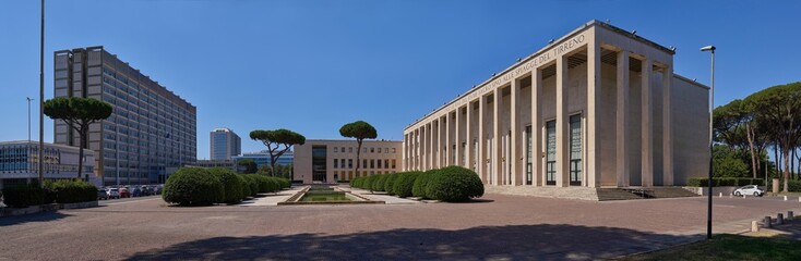 Panoramic view of Palazzo degli Uffici (offices palace) and piazzale delle fontane at EUR in Rome, example of the rationalist architecture of the first half of the 20th century