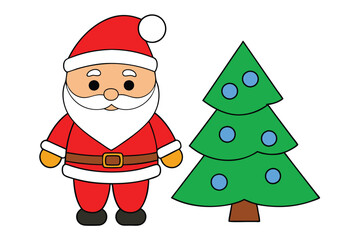 Santaclaus and Christmas tree cartoon and clipart style vector illustration on white backgroung.