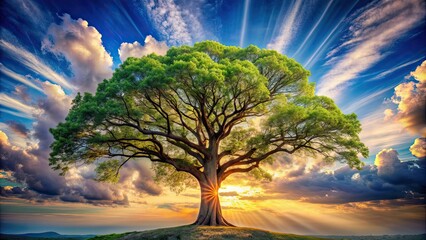 A majestic tree reaching toward the sky symbolizing the connection between earthly and spiritual realms, majestic, tree